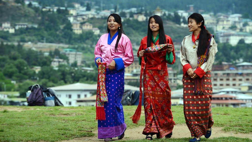 Schoolgirls in traditional Bhutanese dresses. (Credit: Roberto Schmidt/AFP/Getty)