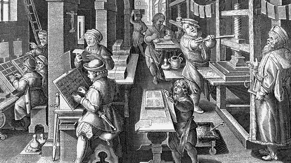 Copper engraving after a late 16th-Century image of Dutch typesetters (Credit: Alamy)