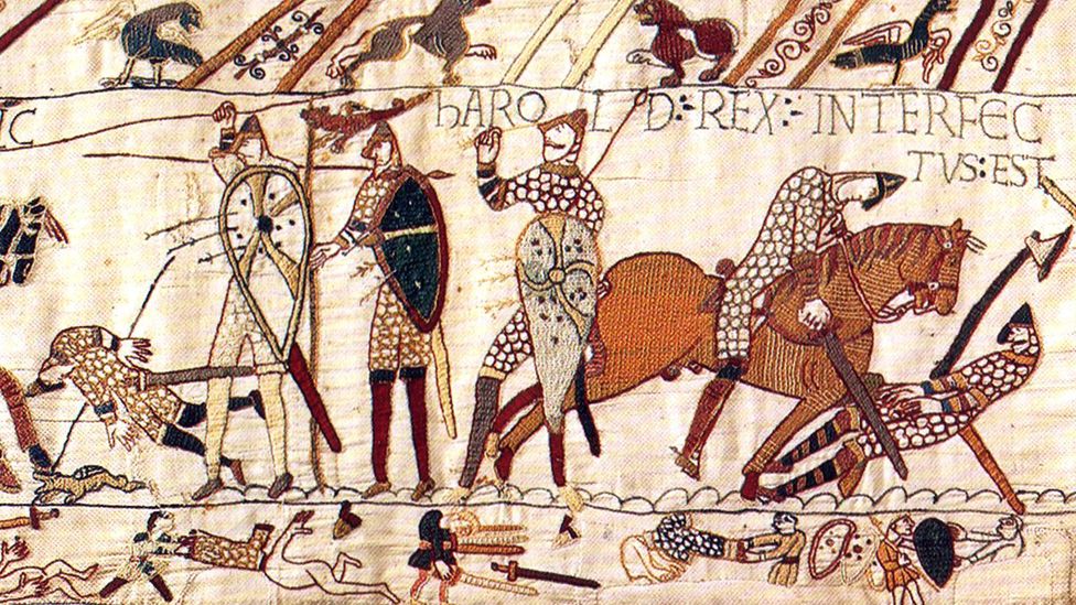 The Norman conquest of Britain in 1066 - shown here in the 11th-Century Bayeux Tapestry - introduced a number of French words into the language (Credit: GL Archive/Alamy)