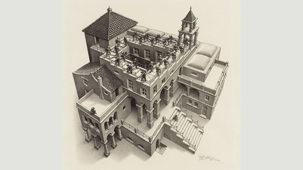  Escher was known for executing his prints to a very high level, such as Scaffold Ascending and Descending (1960). (Credit: 2015 The M.C. Escher Company – Baarn, The Netherlands)