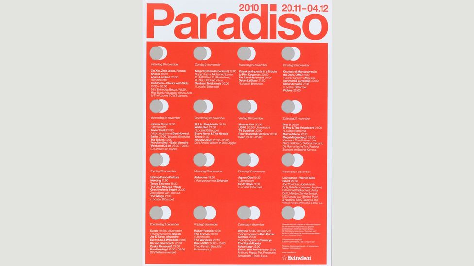 Nightclubs were once prodigious commissioners of posters. This example from Amsterdam shows the influence of Müller-Brockman’s ideas 60 years later (Credit: Cooper Hewitt Museum) Nightclubs were once prodigious commissioners of posters. This example from Amsterdam shows the influence of Müller-Brockman’s ideas 60 years later (Credit: Cooper Hewitt Museum)