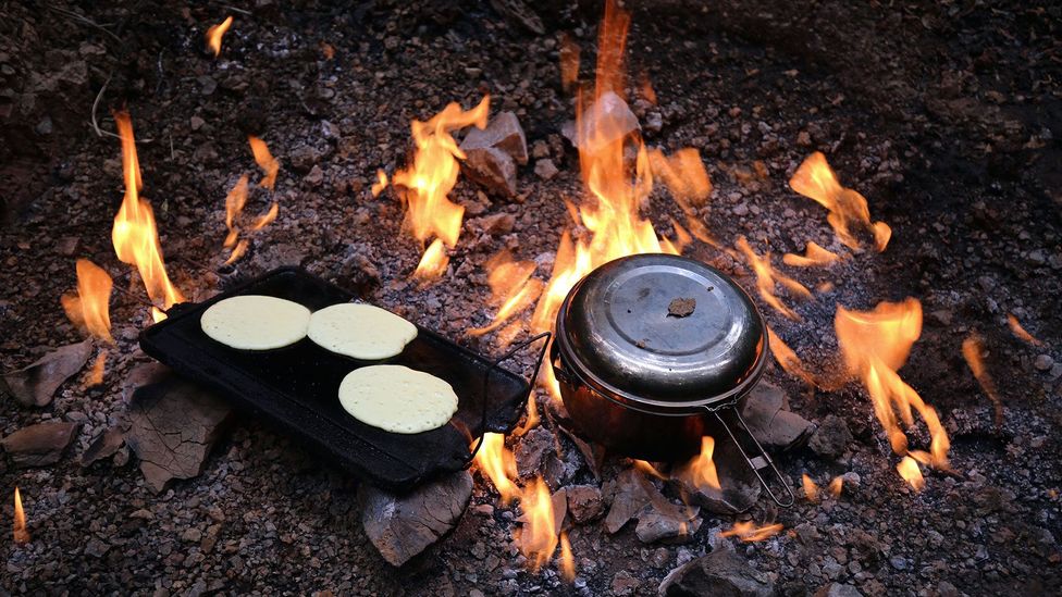 Pancakes cook while water boils for tea (Credit: Naomi Arnold) Pancakes cook while water boils for tea (Credit: Naomi Arnold)