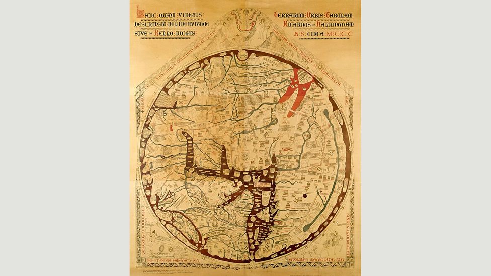 Medieval world maps like the mappa mundi from Hereford Cathedral placed Jerusalem at the centre of the design (Credit: Hereford Cathedral/Corbis) Medieval world maps like the mappa mundi from Hereford Cathedral placed Jerusalem at the centre of the design (Credit: Hereford Cathedral/Corbis)