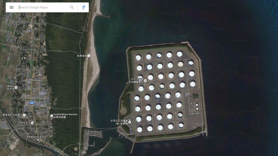 The tanks at Shibushi in Japan, which some fear are vulnerable to earthquakes (Credit: Google) The tanks at Shibushi in Japan, which some fear are vulnerable to earthquakes (Credit: Google)