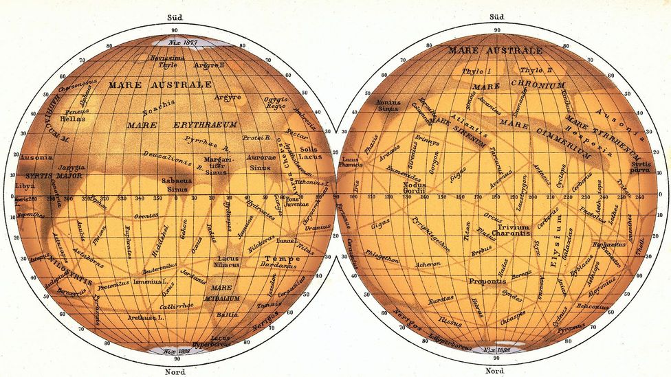 Giovanni Schiaparelli’s map was published in 1888 – he described channels on Mars as ‘canali’ (Credit: Detlev Van Ravenswaay / Science Photo Library) Giovanni Schiaparelli’s map was published in 1888 – he described channels on Mars as ‘canali’ (Credit: Detlev Van Ravenswaay / Science Photo Library)