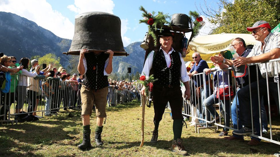 Villagers have fun parading around at the “Cow Ball” (Credit: Mitja Sodja/Tourism Bohinj) Villagers have fun parading around at the “Cow Ball” (Credit: Mitja Sodja/Tourism Bohinj)