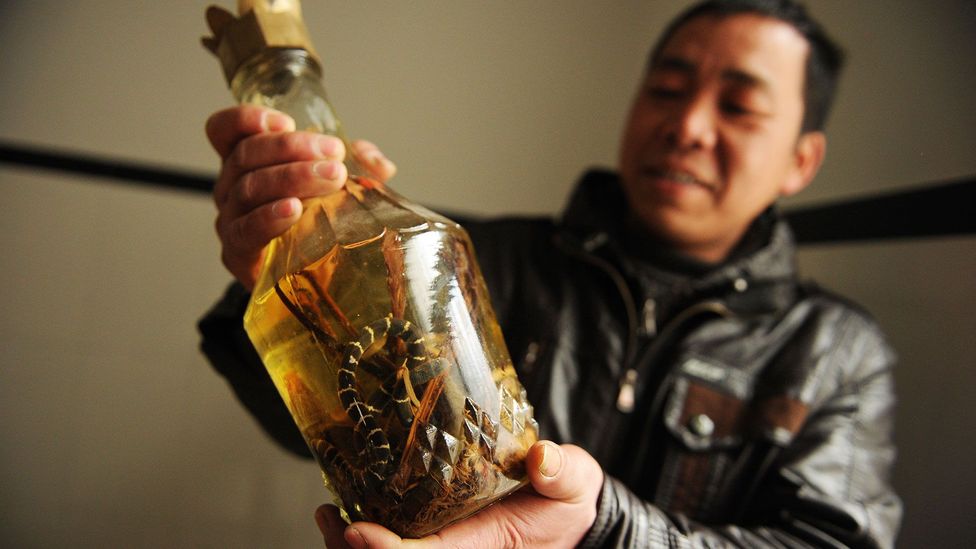 A snake wine maker holds up a bottle in Zisiqiao, China (Credit: Peter Parks/Getty)