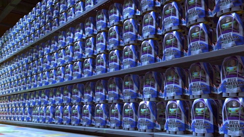 In one terrifying moment, Buzz catches a TV advert for his own toy range, and sees a Kubrickian shot of shelves stacked with his doppelgangers (Credit: Disney/Pixar)