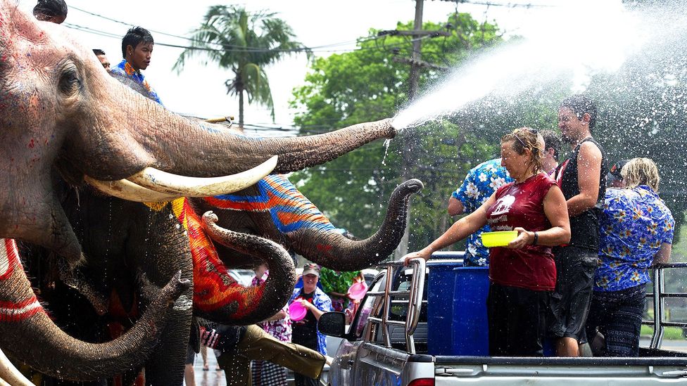 Even the elephants get in on the sanuk during Songkran (Credit: Pornchai Kittiwongsakul/Getty)
