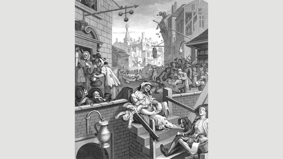 The popularity of cheap Dutch alcohol in 17th-Century London inspired one of British art’s most memorable images – Hogarth’s Gin Lane (Credit: Alamy) The popularity of cheap Dutch alcohol in 17th-Century London inspired one of British art’s most memorable images – Hogarth’s Gin Lane (Credit: Alamy)