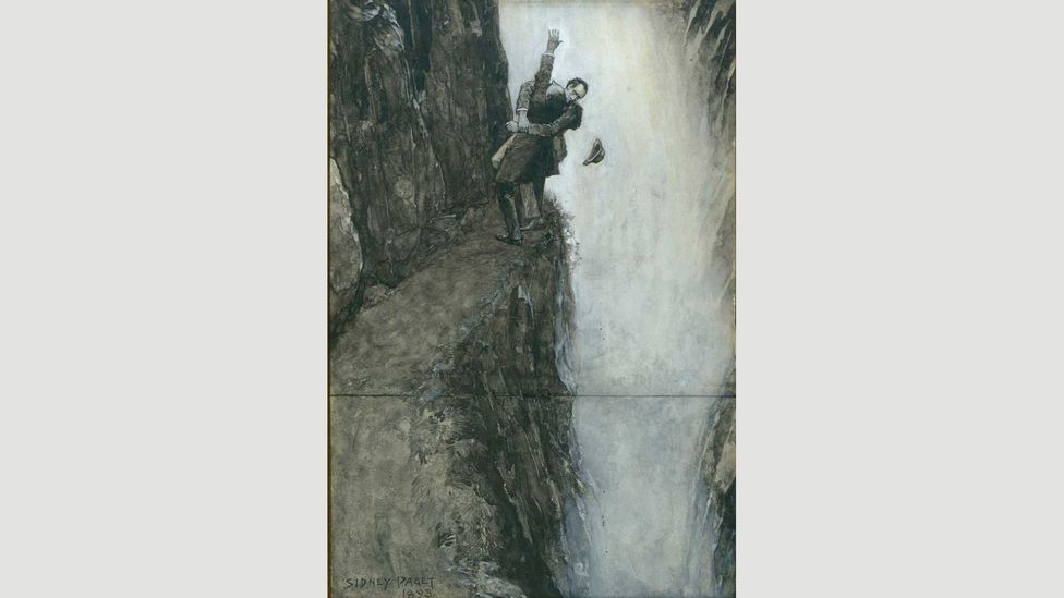 Sidney Paget was the original illustrator for the Sherlock Holmes stories and he conjured this vision for the Reichenbach Falls showdown (Credit: Wikipedia)