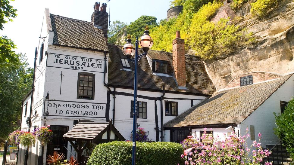 England’s oldest inn, Ye Olde Trip to Jerusalem, is at one end of a passageway winding through rock from Nottingham’s castle (Credit: Tracey Whitefoot/Alamy Stock Photo)