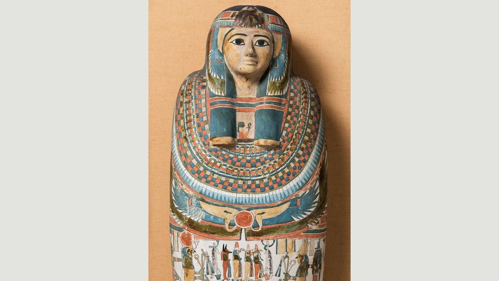 Elaborate sarcophagi depict faces with heavy eye-liner – but make-up for the ancient Egyptians was functional as well as aesthetic (Credit: Two Temple Place/Macclesfield Museum)