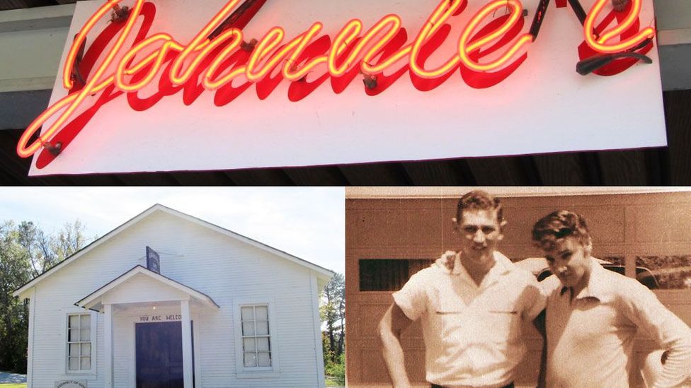 Clockwise from top: a sign from Johnnie's Drive-In; Elvis and Guy pose for a photo; the Assembly of God Church (Credit: Mike Gerrard)