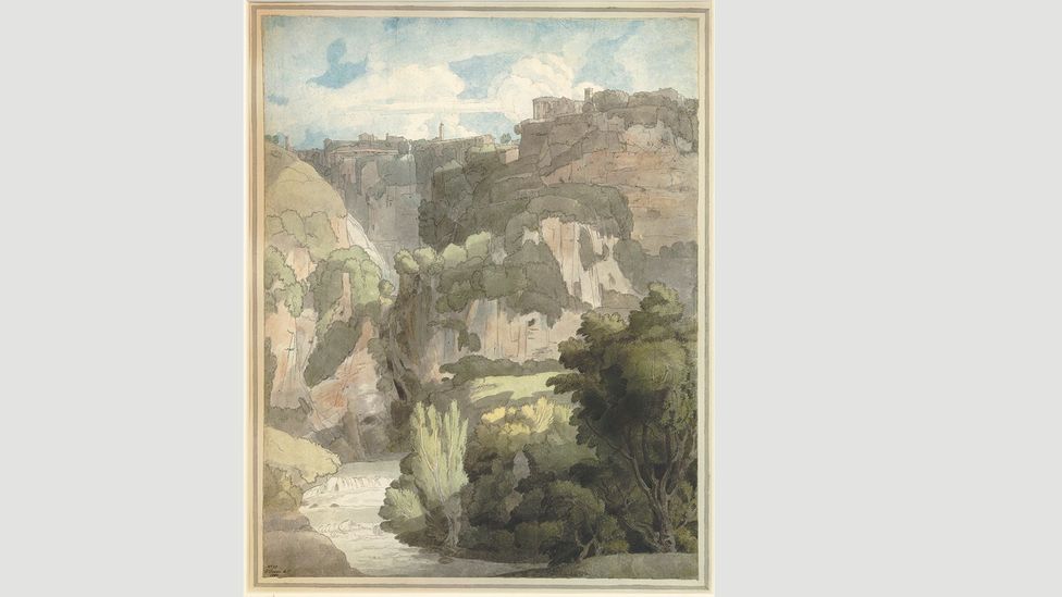 Towne’s 1781 watercolour of Tivoli’s Villa of Maecenas is dominated by a wild, natural landscape (Credit: The Trustees of the British Museum)