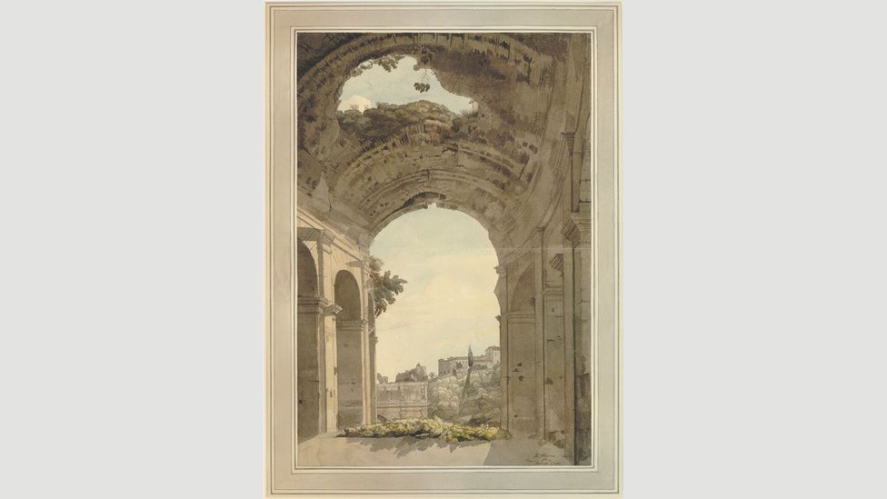 Towne wrote the inscription from the Arch of Constantine onto the back of this painting (Credit: The Trustees of the British Museum)