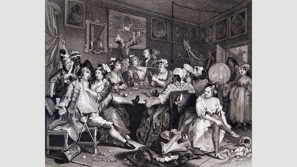 This 1734 engraving from William Hogarth’s A Rake’s Progress caricatured the scene at a real brothel-tavern in Covent Garden (Credit: Timewatch Images/Alamy)