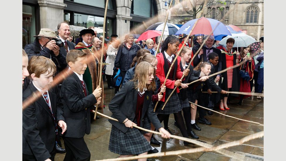 Beating the Bounds, a medieval custom carried on today by students in City schools at Ascension Day, in 2014 (Credit: Martin Parr/Magnum Photos) Beating the Bounds, a medieval custom carried on today by students in City schools at Ascension Day, in 2014 (Credit: Martin Parr/Magnum Photos)