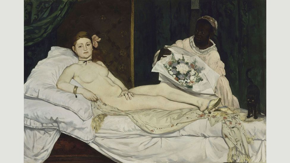 The titular prostitute in Manet's Olympia covers her genitals – but the flower in her hair and the bouquet on the left stand in for what she covers (Credit: Édouard Manet) The titular prostitute in Manet's Olympia covers her genitals – but the flower in her hair and the bouquet on the left stand in for what she covers (Credit: Édouard Manet)