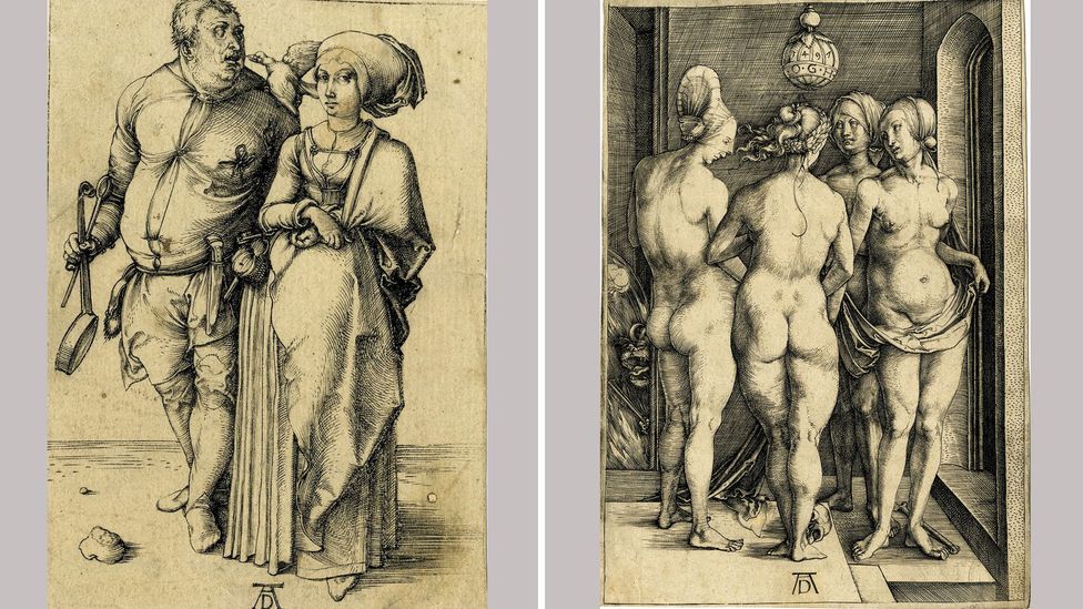 Dürer’s 1496 engraving A cook and his wife, left, and 1497 engraving The four witches, right, both in the British Museum collection (Credit: The Trustees of the British Museum) Dürer’s 1496 engraving A cook and his wife, left, and 1497 engraving The four witches, right, both in the British Museum collection (Credit: The Trustees of the British Museum)