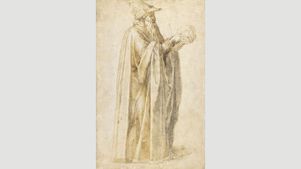 Michelangelo’s drawing of a philosopher, holding an unknown object (Credit: The Trustees of the British Museum) Michelangelo’s drawing of a philosopher, holding an unknown object (Credit: The Trustees of the British Museum)