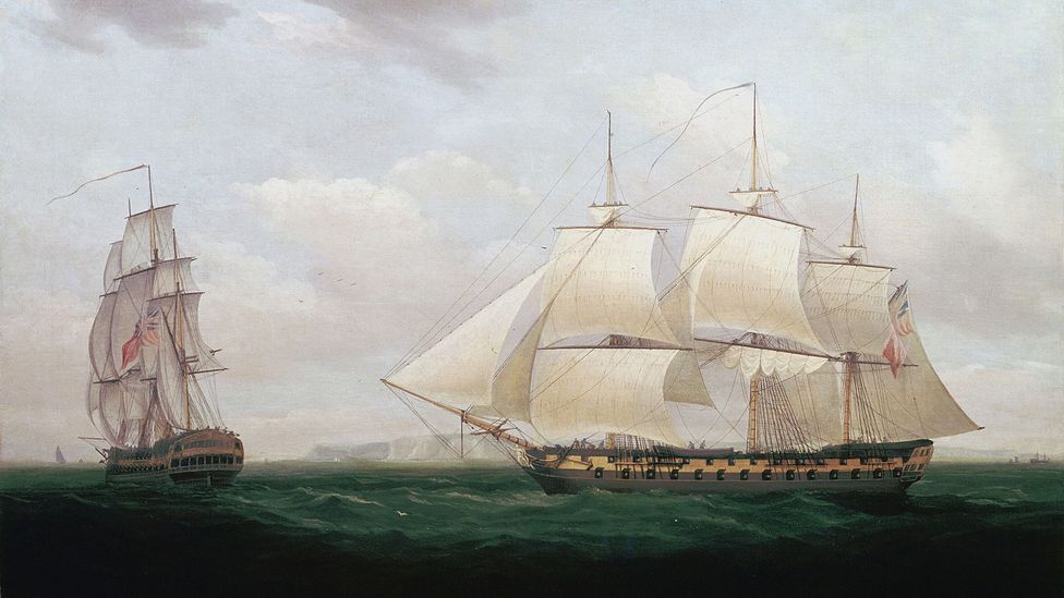 ‘Two East Indiamen off a Coast’ by Thomas Whitcombe, 1850 (Credit: World History Archive/Alamy) ‘Two East Indiamen off a Coast’ by Thomas Whitcombe, 1850 (Credit: World History Archive/Alamy)