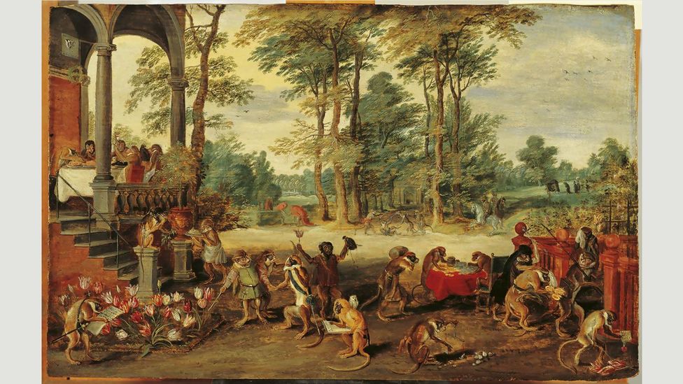 Jan Breughel the Younger’s Satire of the Tulip Mania from around 1640 pokes fun at speculators, depicting them as brainless monkeys (Credit: Jan Breughel the Younger)