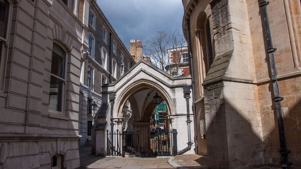 Looking from the Temple Church courtyard toward its original entrance, now sunken beneath modern street level (Credit: Amanda Ruggeri)