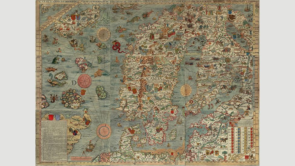 Strange-looking whales can be seen in the 16th-Century Carta marina of the Nordic countries of Northern Europe (Credit: Wikipedia) Strange-looking whales can be seen in the 16th-Century Carta marina of the Nordic countries of Northern Europe (Credit: Wikipedia)