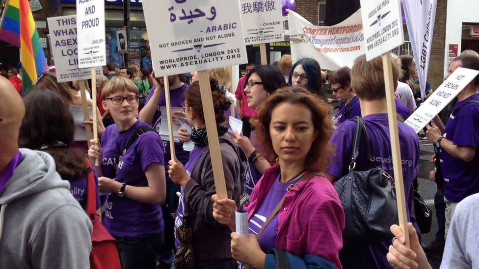 Asexual campaigners now march regularly in Pride events (Credit: Aven) Asexual campaigners now march regularly in Pride events (Credit: Aven)