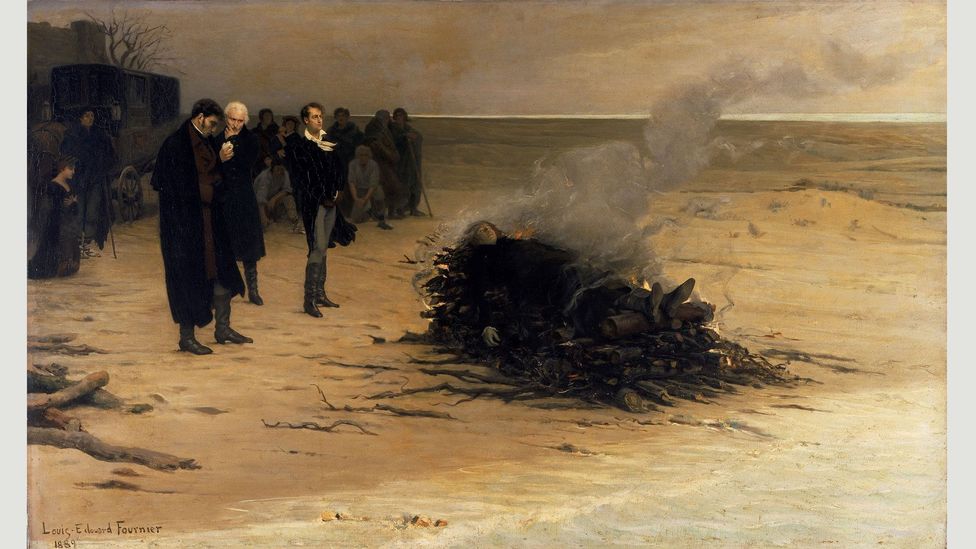 In 1889, Louis Édouard Fournier imagined the 1822 funeral pyre of the Romantic poet Percy Bysshe Shelley (Credit: Wikipedia)