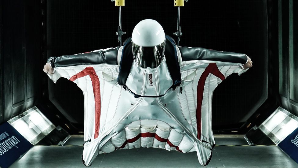 During the tests, the pilot is tethered into place in the wind tunnel (Credit: Duckrabbit)