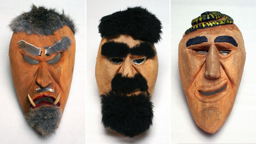 Booger masks of the Cherokee people of North Carolina are worn to represent outsiders during the performance of a ritual dance (Credit: Mathers Museum of World Cultures/Flickr)