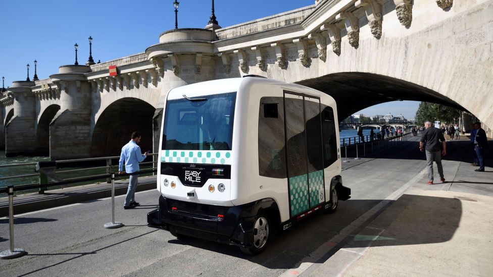 Autonomous vehicles like this driverless passenger pod in Paris are being rolled out in cities across the world (Credit: Getty Images)
