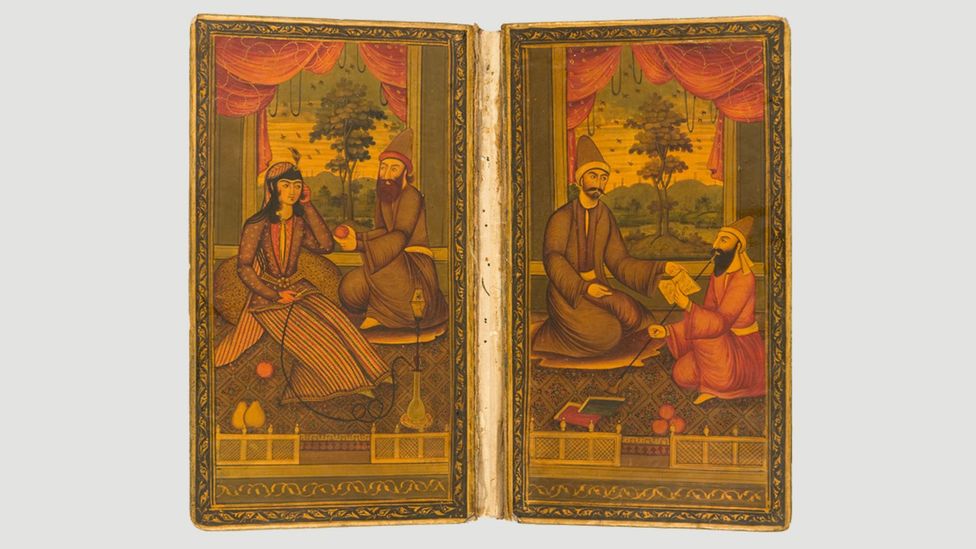An illustration from a 19th-Century collection of Hafiz’s poems shows the poet offering his work to a patron (Credit: Wikipedia)