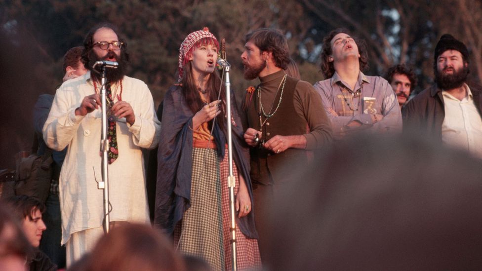 The poet Allen Ginsberg (left) was one of the performers at the Human Be-In held in San Francisco’s Golden Gate Park on 14 January 1967 (Credit: Getty Images)