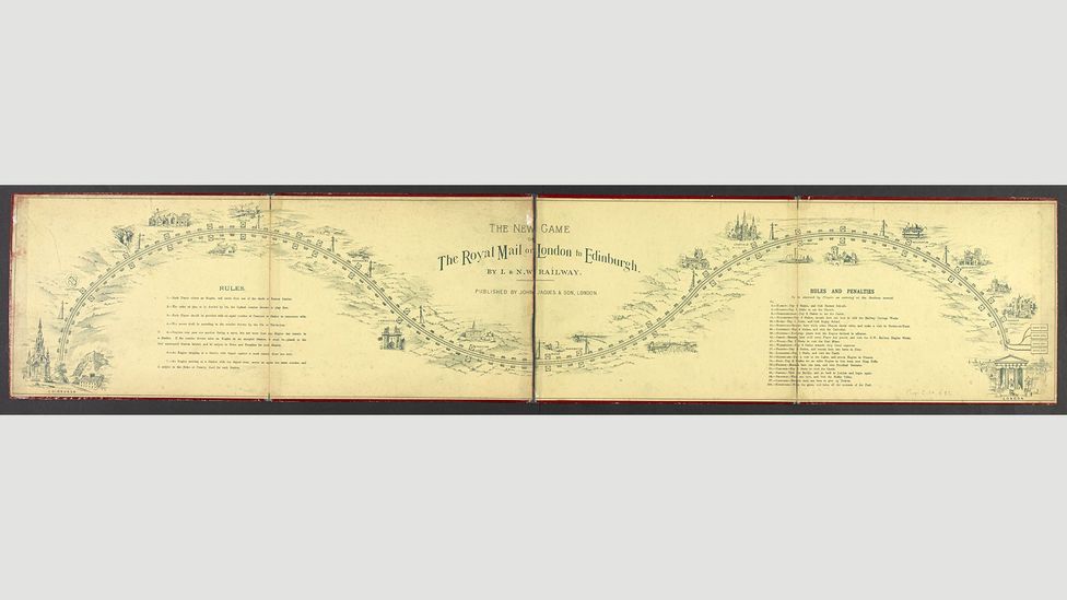 The new game of the Royal Mail or London to Edinburgh by L & NW Railway, 1850, John Jaques (Credit: The British Library) The new game of the Royal Mail or London to Edinburgh by L & NW Railway, 1850, John Jaques (Credit: The British Library)