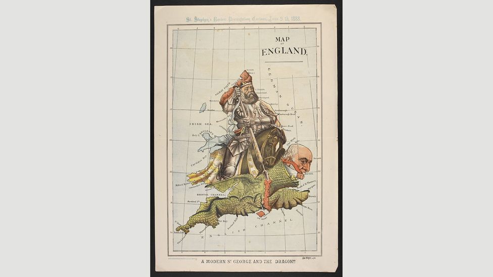 Map of England. A modern St George and the dragon!!!, 1888, William Mecham (Credit: The British Library) Map of England. A modern St George and the dragon!!!, 1888, William Mecham (Credit: The British Library)