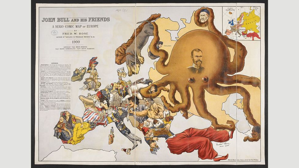 John Bull and his friends. A serio-comic map of Europe, 1900, Fred W Rose (Credit: The British Library) John Bull and his friends. A serio-comic map of Europe, 1900, Fred W Rose (Credit: The British Library)