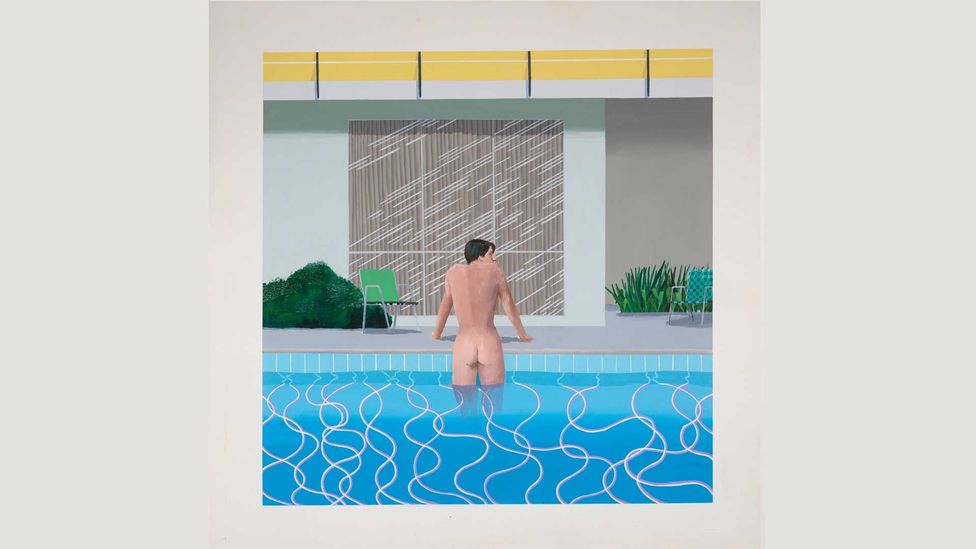 Peter Getting Out of Nick’s Pool (1966) is one of a series of swimming pool paintings Hockney made as a visitor to LA in the mid ‘60s (Credit: David Hockney / Richard Schmidt)