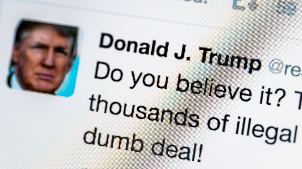 Donald Trump’s tweets have a nearly 70% likelihood of being signed off with a shriek (Credit: Twitter)