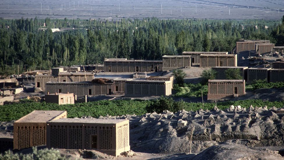 The Turpan Basin is dotted with chunches, where grapes are dried (Credit: Reza/Getty Images) The Turpan Basin is dotted with chunches, where grapes are dried (Credit: Reza/Getty Images)