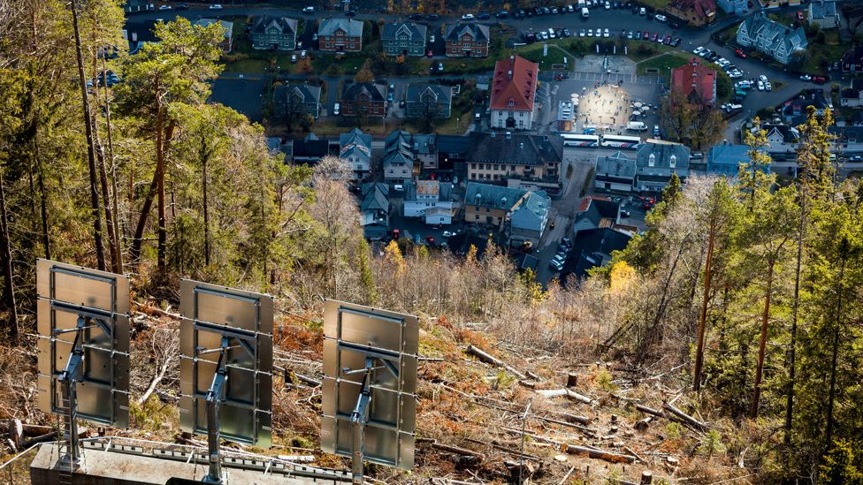 Looking down on Rjukan, the path of the reflected sunlight (Credit: Krister Soerboe/AFP/Getty Images)