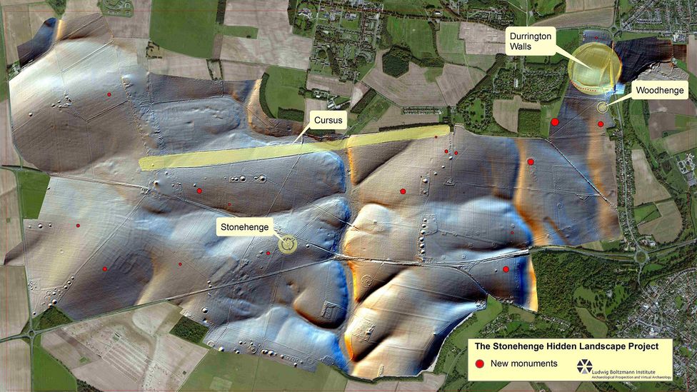 A map shows the monuments discovered by the Hidden Landscapes project (Credit: Ludwig Boltzmann Institute) A map shows the monuments discovered by the Hidden Landscapes project (Credit: Ludwig Boltzmann Institute)