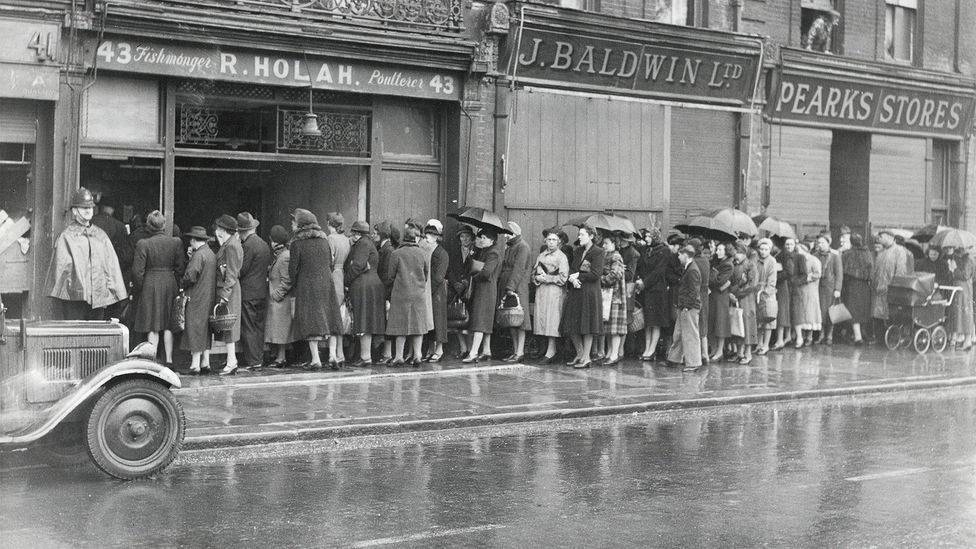 Some commentators claim that British pride in queuing came after World War Two, as the public waited patiently for their rations (Credit: Getty Images) Some commentators claim that British pride in queuing came after World War Two, as the public waited patiently for their rations (Credit: Getty Images)