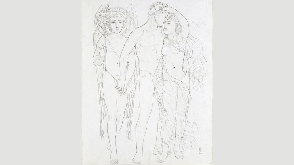Solmon’s 1865 drawing The Bride, The Bridegroom and Sad Love – held in a private collection – is more explicit than other works intended for public display (Credit: Tate)