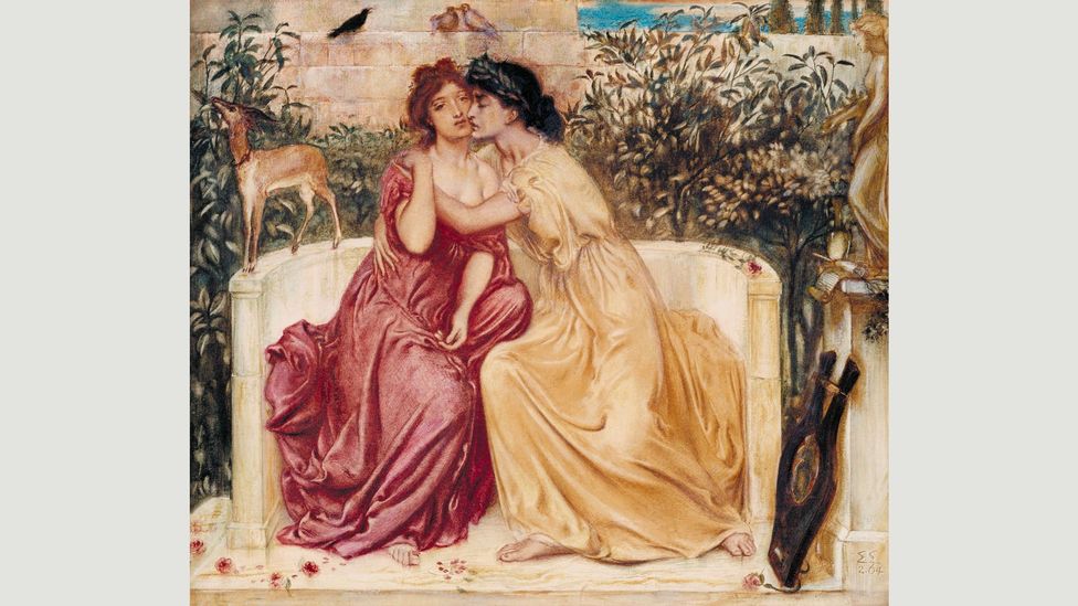 Sappho and Erinna in a Garden at Mytilene, a watercolour from 1864, depicts the two female Greek poets in swooning embrace (Credit: Tate)