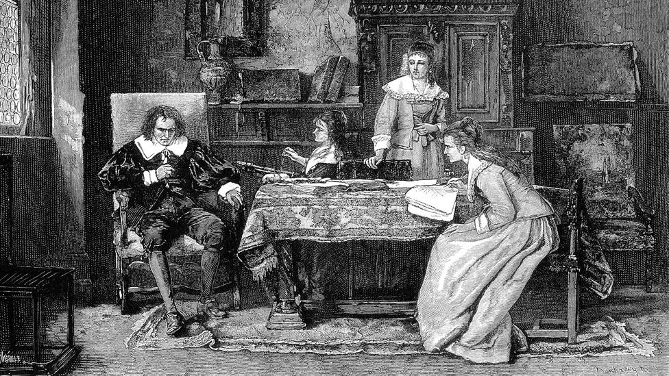 Milton is shown dictating Paradise Lost to his daughters in this engraving after a painting by Michael Munkacsy (Credit: Alamy)