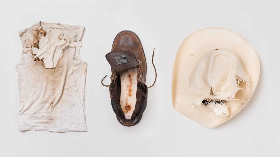 Hat and shirt worn by Jaime Santana and boots worn by Justin Gauger when they were struck by lightning (Credit: William LeGoullon) Hat and shirt worn by Jaime Santana and boots worn by Justin Gauger when they were struck by lightning (Credit: William LeGoullon)