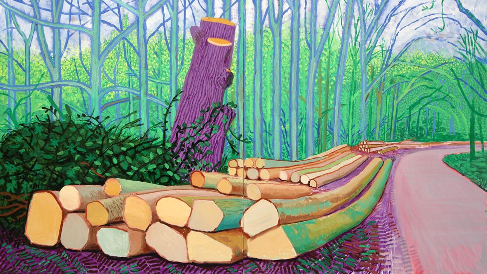 “Hockney makes quite common trees seethe with energy and brilliant, unexpected colour,” says author Fiona Stafford, as in Felled Trees on Woldgate from 2008 (Credit: Alamy)